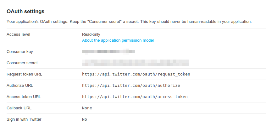 OAuth settings for a Twitter application