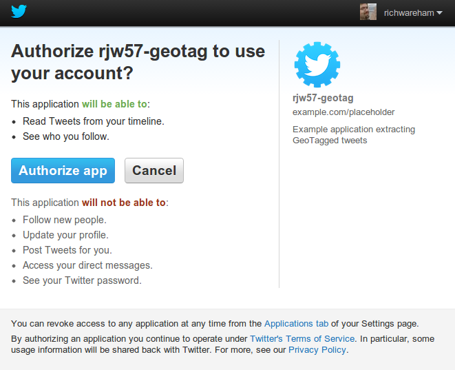 Twitter's authorisation page
